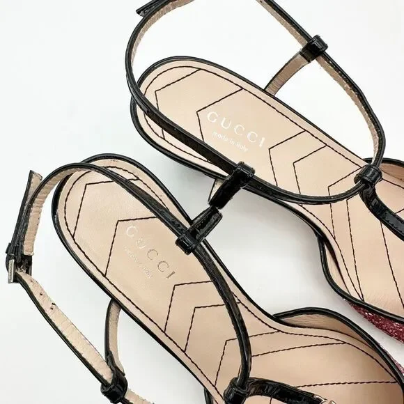 GUCCI Pink Glitter T-Strap Embellished Size 37.5 US 7.5 Leather GG Marmont - Picture 10 of 14